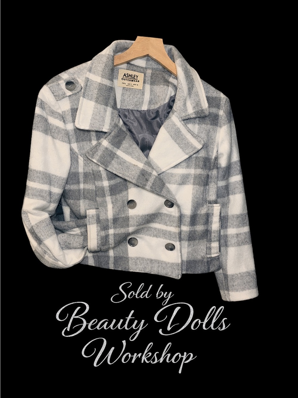 Ashley Outerwear Gray & White Plaid Double-Breasted Peacoat